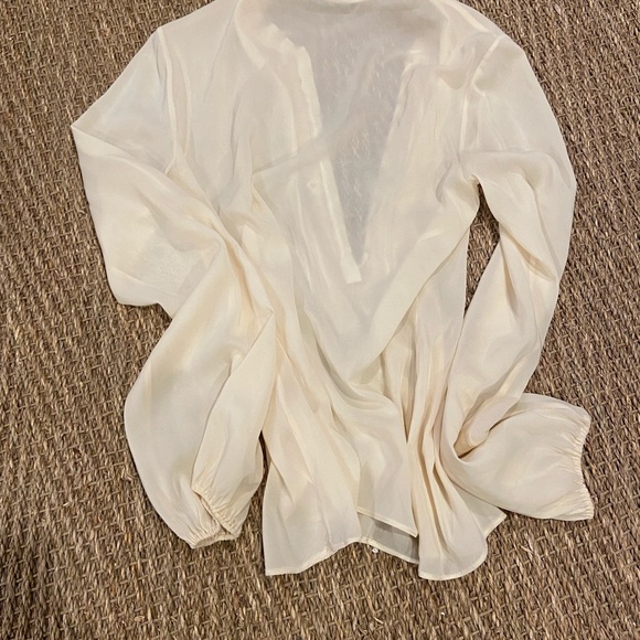 Elie Tahari Sheer Cream Button up Long Sleeve Ruffle Top - Picture 5 of 5